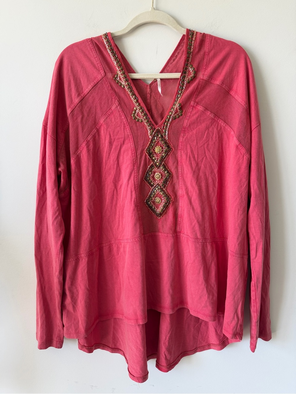 Free People Embellished Lightweight V-Neck Tunic Top 100% Cotton